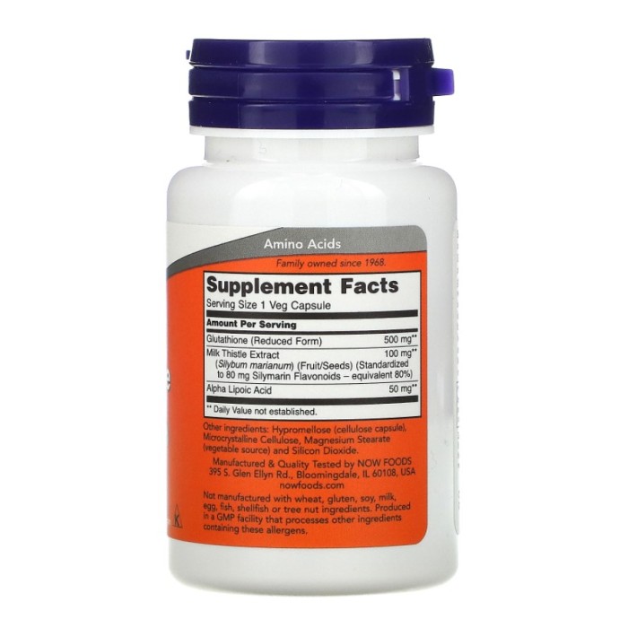 Now Foods Glutathione 500 mg 30 капсул, L-глутатіон